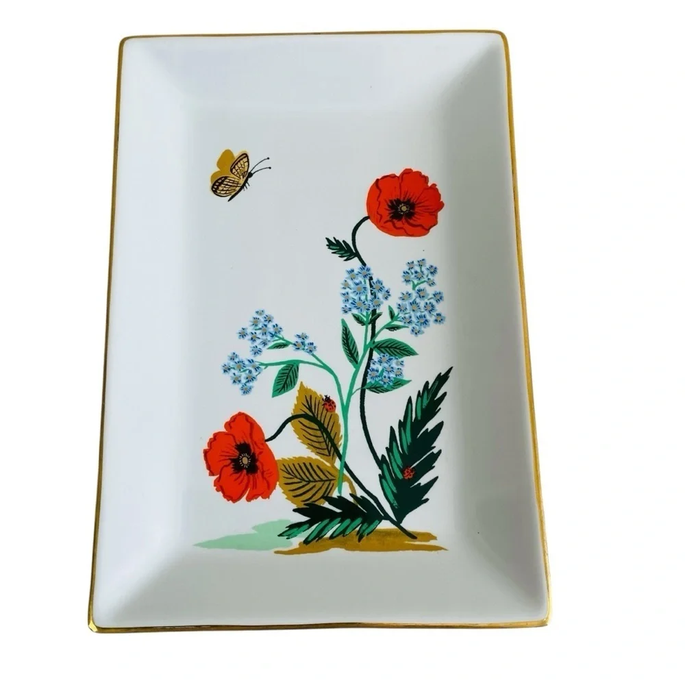 Riffle Paper Co. Poppy Botanical Catchall Tray W/Gold Trim